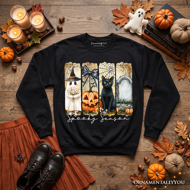 Fall Spooky Season Brushstroke Sweatshirt, Coquette Vintage Ghost, Cat and Pumpkin Sweater - Dashing Nova