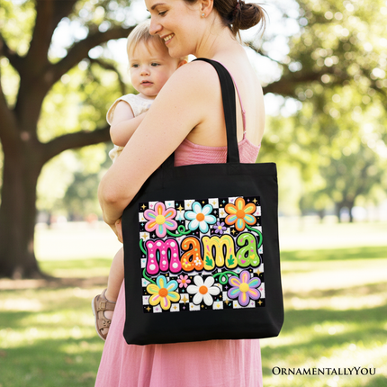 Retro Floral Mama Printed Faux Yarn Tote Bag, Colorful Mother's Day Gift Shopper - Dashing Nova