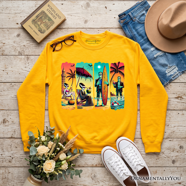 Frankenstein's Beach Vacation Sweatshirt, Retro Neon Surf Style Sweater for Horror Fans with Summer Vibes - Dashing Nova