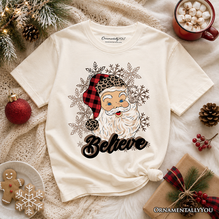 Kids Believe Santa Buffalo Plaid T-Shirt, Retro Christmas Youth Tee - Dashing Nova