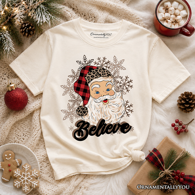 Kids Believe Santa Buffalo Plaid T-Shirt, Retro Christmas Youth Tee - Dashing Nova