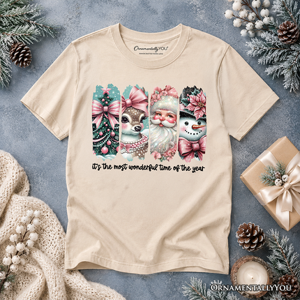Kids Coquette Pink Christmas T-Shirt, It's The Most Wonderful Time Of The Year Vintage Tree, Reindeer, Santa and Snowman Youth Tee - Dashing Nova