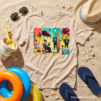 Kids Frankenstein's Beach Vacation T-Shirt, Retro Neon Surf Style Tee for Horror Youth Fans with Summer Vibes - Dashing Nova