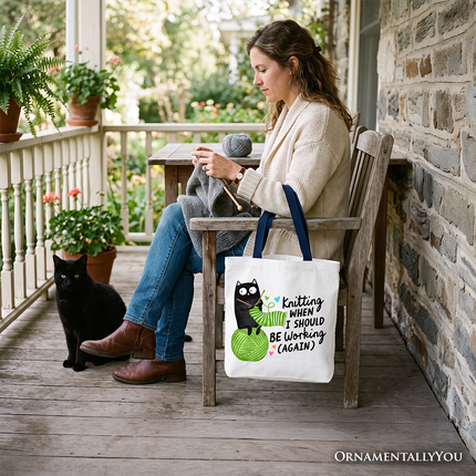 Knitting Black Cat Cute Tote Bag, Funny Working Crafter Phrase Gift Shopper