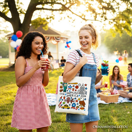 Happy 250 America Doodle Tote Bag, Patriotic USA 1776-2026 250th Anniversary Gift Shopper - Dashing Nova