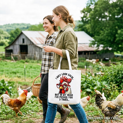 Pecking Chicken Tote Bag, Red Glasses and Bow White Gift Shopper for Sassy Women - Dashing Nova