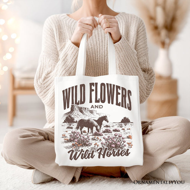 Wild Flowers and Wild Horses Canvas Tote Bag, Retro Western Gift for Free-Spirited Women - Dashing Nova