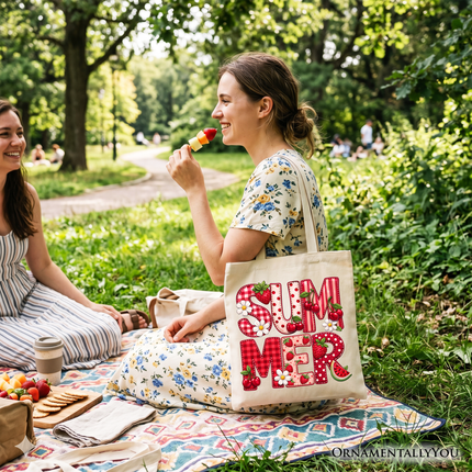 Strawberry Cherry Printed Faux Patchwork Tote Bag, Summer Fruit Picnic Gift Shopper - Dashing Nova