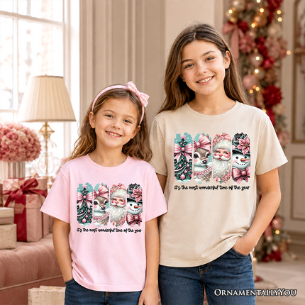 Kids Coquette Pink Christmas T-Shirt, It's The Most Wonderful Time Of The Year Vintage Tree, Reindeer, Santa and Snowman Youth Tee - Dashing Nova
