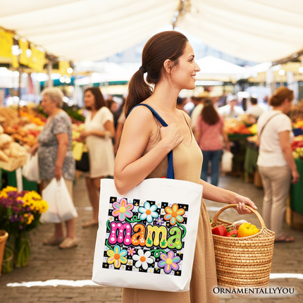 Retro Floral Mama Printed Faux Yarn Tote Bag, Colorful Mother's Day Gift Shopper - Dashing Nova