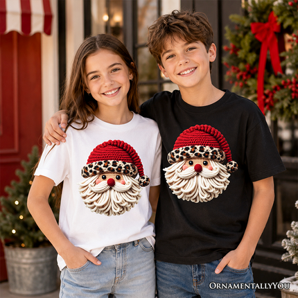 Kids Santa Leopard Hat Christmas T-Shirt, Imitation Latch Hook Yarn Cozy Youth Tee - Dashing Nova