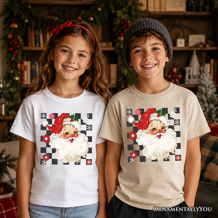 Kids Checkered Santa Claus Vintage T-Shirt, Retro Merry Christmas Youth Tee - Dashing Nova