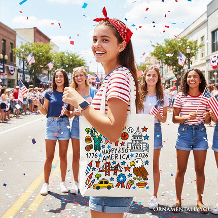 Happy 250 America Doodle Tote Bag, Patriotic USA 1776-2026 250th Anniversary Gift Shopper - Dashing Nova