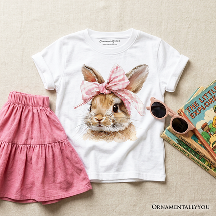 Kids Easter Bunny Coquette Pink Bow T-Shirt, Cute Watercolor Spring Tee for Youth Girls - Dashing Nova