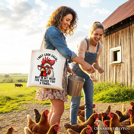Pecking Chicken Tote Bag, Red Glasses and Bow White Gift Shopper for Sassy Women - Dashing Nova