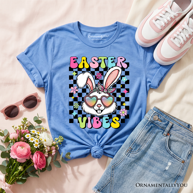 Kids Retro Easter Bunny Sunglasses T-Shirt, Groovy Youth Checkered Tee - Dashing Nova