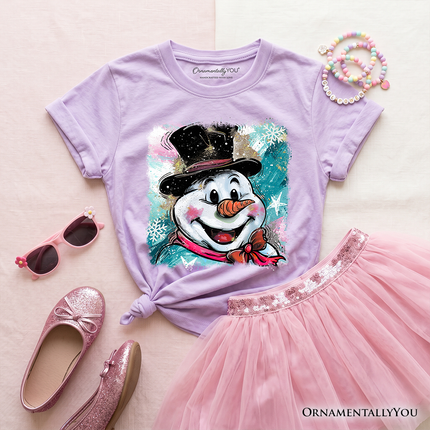 Kids Brushstroke Cute Snowman T-Shirt, Preppy Youth Merry Christmas Glitter Holiday Tee - Dashing Nova