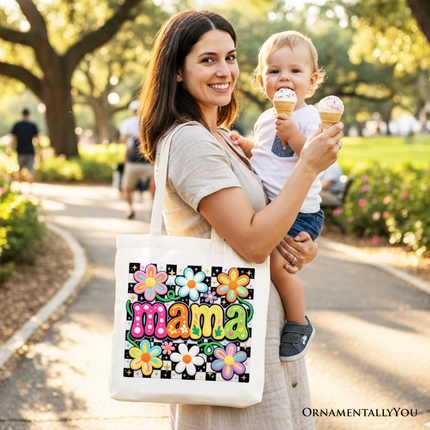 Retro Floral Mama Printed Faux Yarn Tote Bag, Colorful Mother's Day Gift Shopper - Dashing Nova