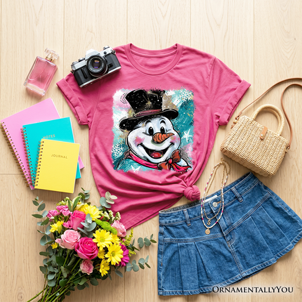 Kids Brushstroke Cute Snowman T-Shirt, Preppy Youth Merry Christmas Glitter Holiday Tee - Dashing Nova