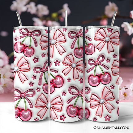 Coquette Cherry Bows 3D Inflated Tumbler With Lid and Stainless Steel Straw, Spring Floral Travel Mug Gift