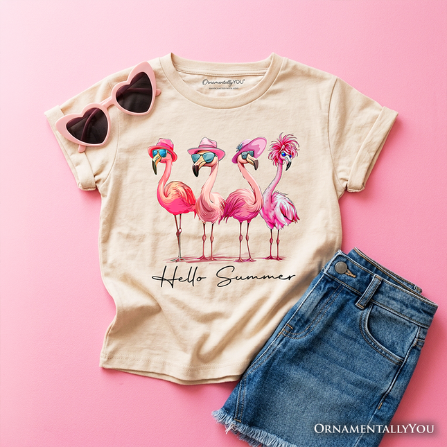 Kids Flamingo Hello Summer T-Shirt, Retro Tee with Tropical Birds for Youth Girls - Dashing Nova