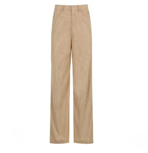 Women Casual Pants Retro Vintage Corduroy Spring High Waist Loose Slim Solid Casual All-match Straight-Leg Pants - Dashing Nova