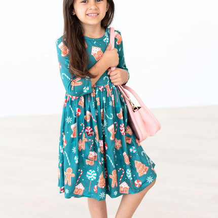 Gingerbread House 3/4 Sleeve Pocket Twirl Dress