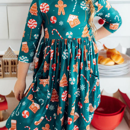 Gingerbread House 3/4 Sleeve Pocket Twirl Dress