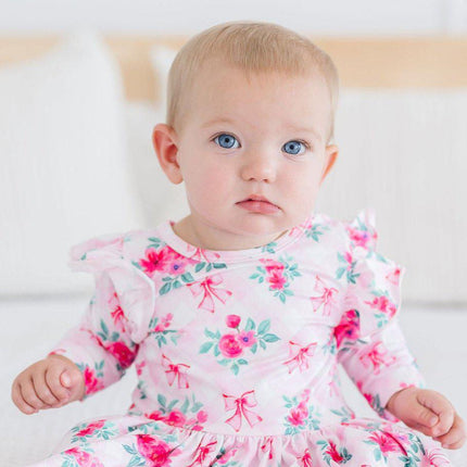 Gingham Bows 3/4 Sleeve Flutter Twirl Bodysuit
