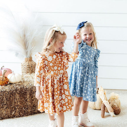 Golden Blooms 3/4 Sleeve Ruffle Twirl Dress