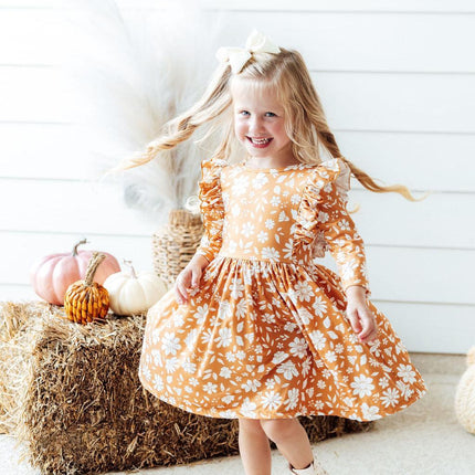 Golden Blooms 3/4 Sleeve Ruffle Twirl Dress