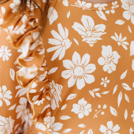 Golden Blooms 3/4 Sleeve Ruffle Twirl Dress