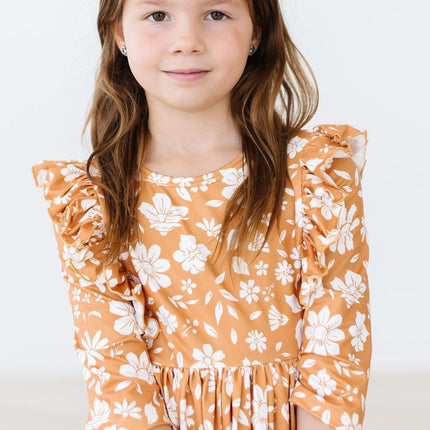 Golden Blooms 3/4 Sleeve Ruffle Twirl Dress