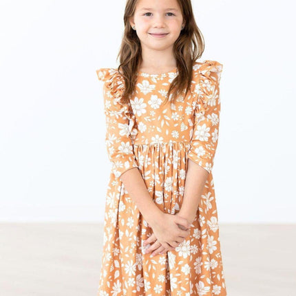 Golden Blooms 3/4 Sleeve Ruffle Twirl Dress