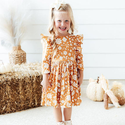 Golden Blooms 3/4 Sleeve Ruffle Twirl Dress