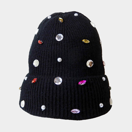 Women's Pearl Jewel Embellished Fleece Lining Knit Beanie Hat