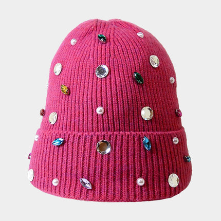 Women's Pearl Jewel Embellished Fleece Lining Knit Beanie Hat