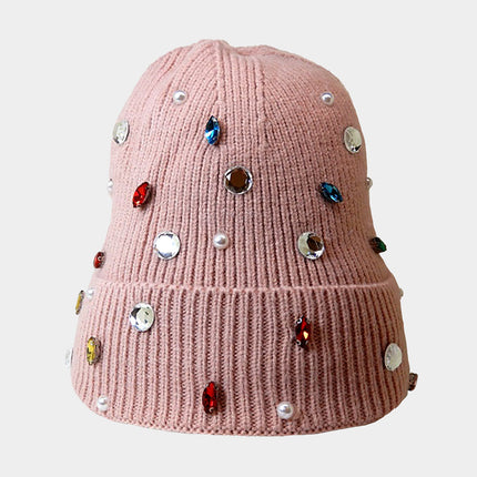 Women's Pearl Jewel Embellished Fleece Lining Knit Beanie Hat