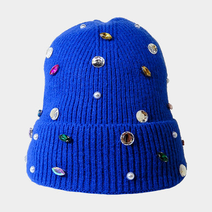 Women's Pearl Jewel Embellished Fleece Lining Knit Beanie Hat