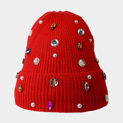 Women's Pearl Jewel Embellished Fleece Lining Knit Beanie Hat
