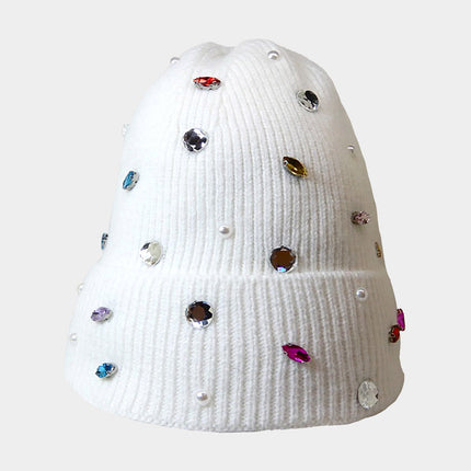 Women's Pearl Jewel Embellished Fleece Lining Knit Beanie Hat