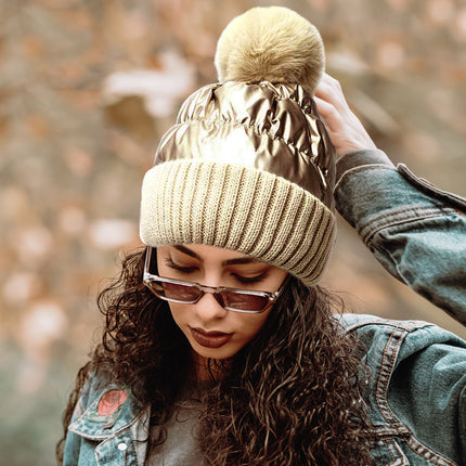 Women's Fleece Lining Puffer Knit Pom Beanie Hat