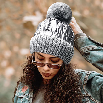 Women's Fleece Lining Puffer Knit Pom Beanie Hat