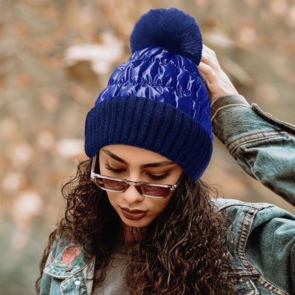 Women's Fleece Lining Puffer Knit Pom Beanie Hat