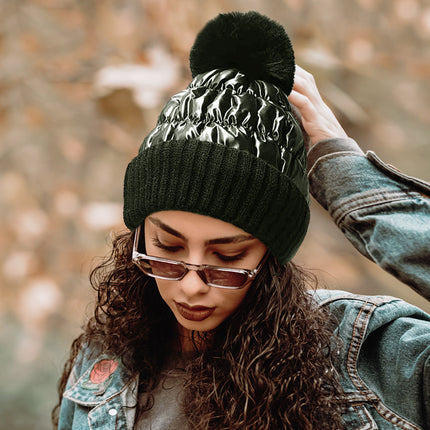 Women's Fleece Lining Puffer Knit Pom Beanie Hat