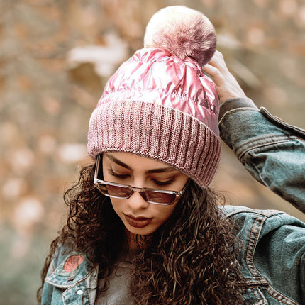 Women's Fleece Lining Puffer Knit Pom Beanie Hat