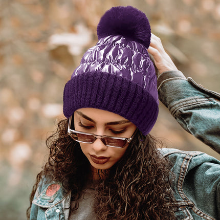 Women's Fleece Lining Puffer Knit Pom Beanie Hat