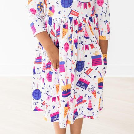 Happy Birthday 3/4 Sleeve Pocket Twirl Dress