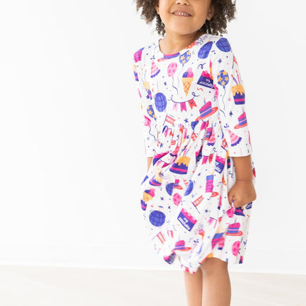Happy Birthday 3/4 Sleeve Pocket Twirl Dress