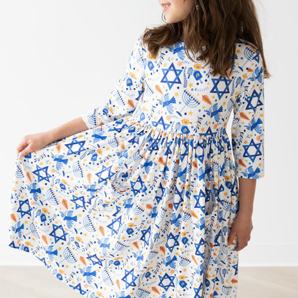 Happy Hanukkah 3/4 Sleeve Pocket Twirl Dress
